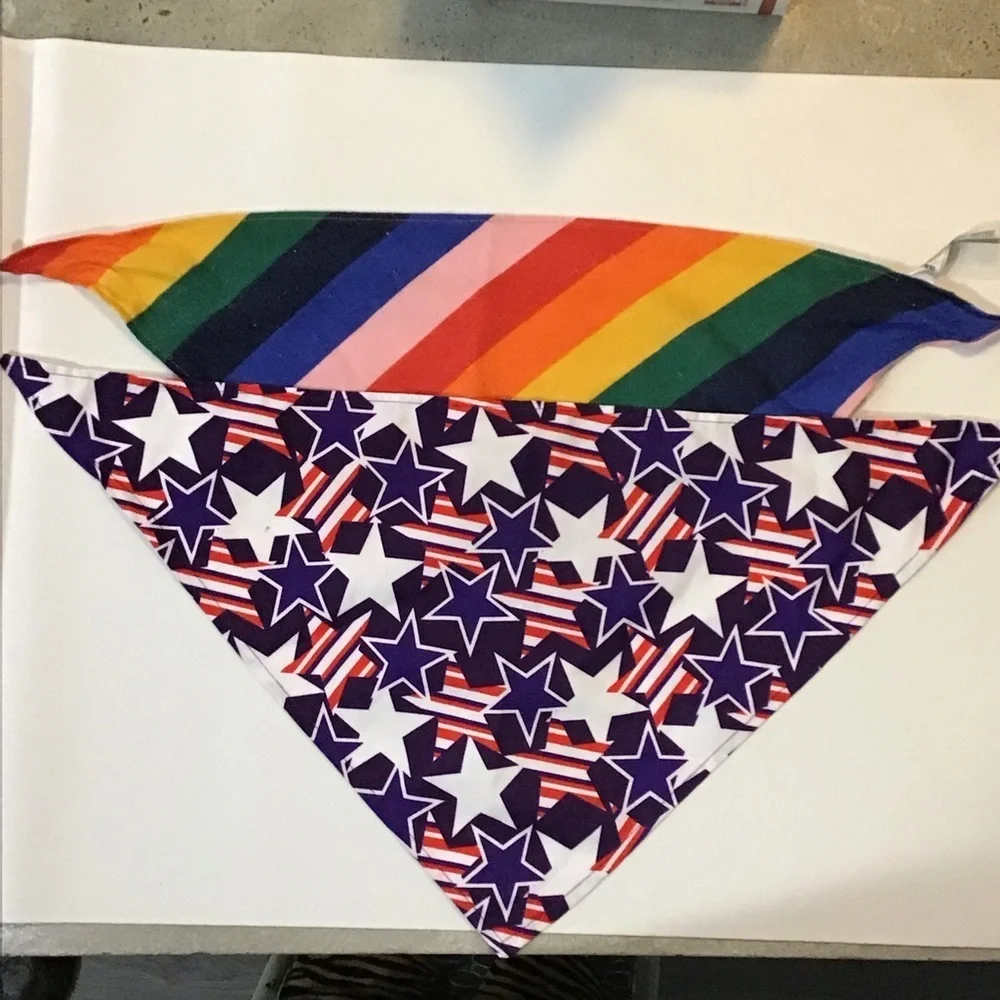 Old Navy Dog Bandannas - Rainbow Striped & Red, White & Blue w/ Stars - Size S/M